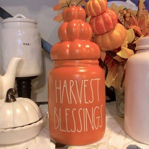 Rae Dunn HARVEST BLESSINGS baby canister with pumpkin lid topper.